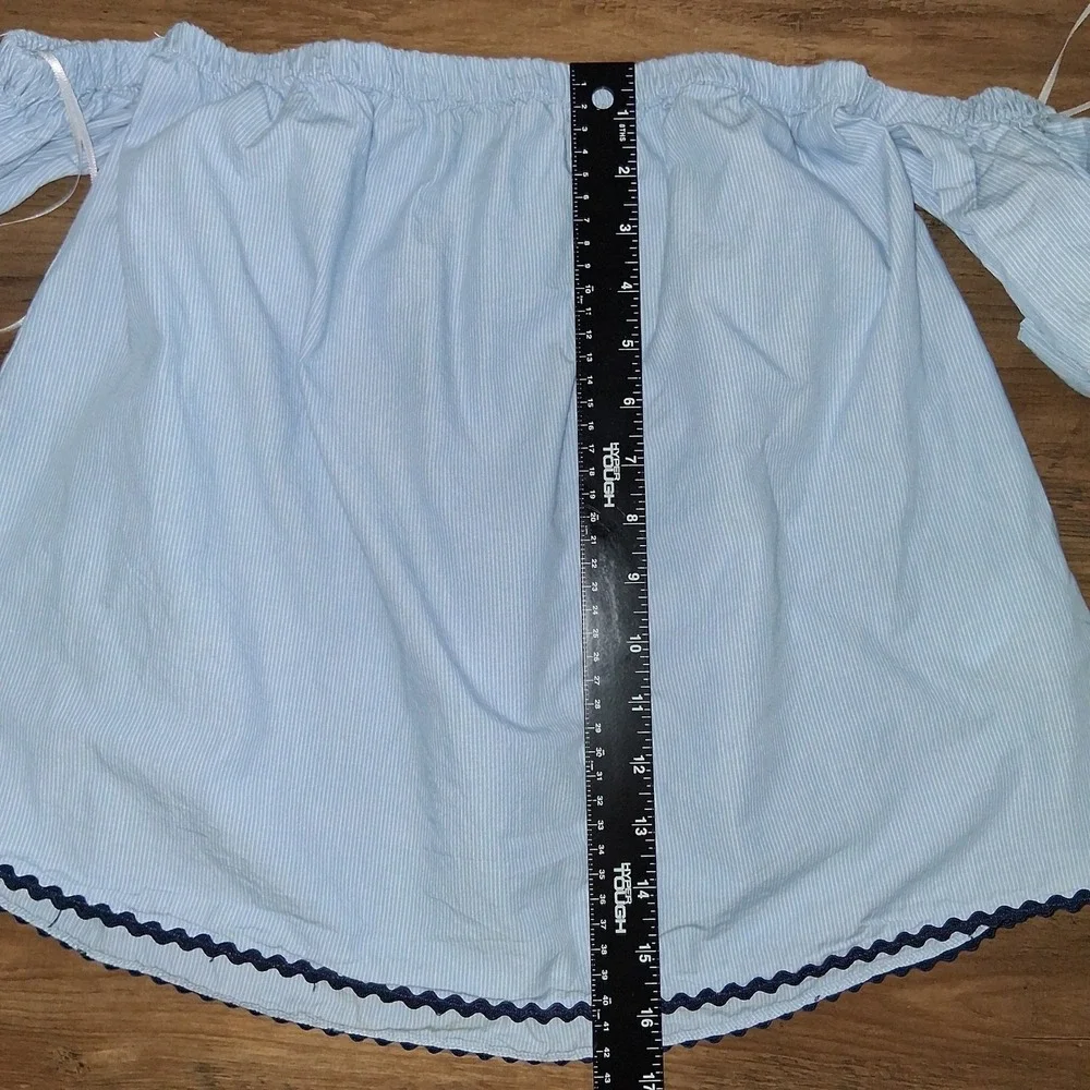Zara Basic Blue Pinstripe Off Shoulder Embroidered Puff Sleeve Blouse Small